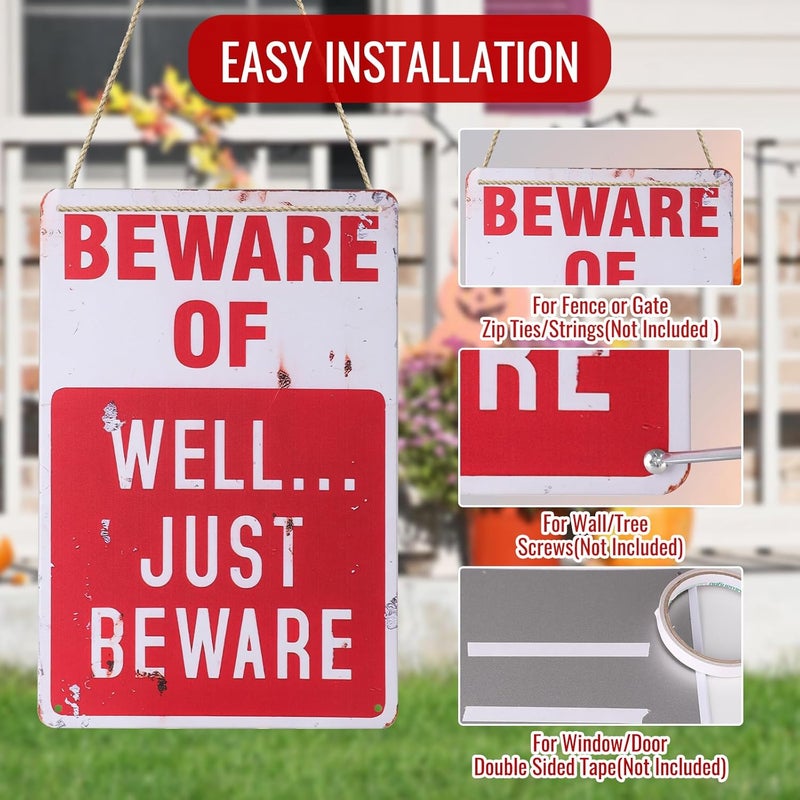 Alotpower Halloween Decorations Metal Tin Sign for Outdoor Yard, Garage Wall, Rustic Vintage Beware of Well Just Beware, 7.8x11.8in - Image 4